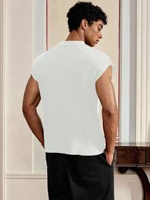 SWAVVY Men's Knitted Casual Loose Fit Short Sleeve Sleeveless Tank Top, For Fall Winter - White - View 2