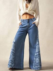 Bohemela Plus Size Women Floral Pattern Pocketed Wide Leg Casual Jeans, Back To School, Vintage, Fall Women Clothes - Blue - View 2