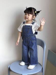 SHEIN Quần yếm denim màu xanh dương trang trí nơ 3D cho bé gái, trang phục thường ngày phong cách đồng quê boho cho bé gái mùa xuân và hè, trang phục đi biển cho bé gái, trang phục đường phố miền Tây cho bé gái, trang phục nghỉ xuân, trang phục dự tiệc rave, quần yếm denim cho bé gái mùa thu đông. - Rửa trung bình - Xem 6