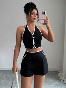 SHEIN PETITE Summer New Sexy Contrast Color Trim Backless Tie Crop Top + Shorts With Slant Pockets Contrast Trim Women 2 Pieces Set - Black - View 6