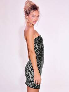 MUSERA 豹纹亮片抹胸迷你连衣裙，适合伊比沙岛、音乐节、夏季、动物系美女、锐舞派对、音乐会、假日、乡村之夜、约会之夜、生日派对、秋季派对等场合。 - 黑色 - 查看 2