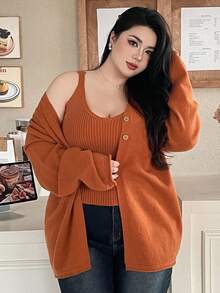 Dazy Plus 2 件大码女士宽松纯色 V 领开衫毛衣套装，休闲秋冬