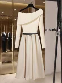 Franclia 法式美丽米色斜肩针织优雅轻奢优雅二合一拼接秋冬连衣裙聚会外出淑女装女装冬装女秋装女装 - 米色 - 查看 2