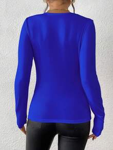 INAWLY Áo thun dài tay bó sát màu trơn đa năng giản dị, mùa thu - Màu xanh lam - Xem 2