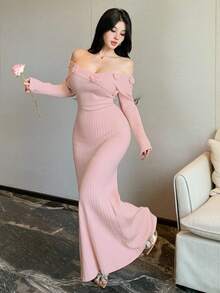 DAZY 秋冬束腰紧身鸡尾酒会礼服，性感露肩花卉装饰派对礼服，时尚婚礼、宴会、舞会晚礼服毛衣裙 - 粉色 - 查看 6