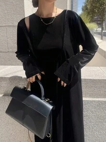 FRIFUL 女士天鹅绒无袖拼接宽松直筒长连衣裙，秋季 - 黑色 - 查看 7