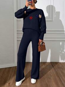 EURMUSE Cardigan Flower Detail Pullover Set Sweater Co-Ord +700 - Navy Blue - View 6