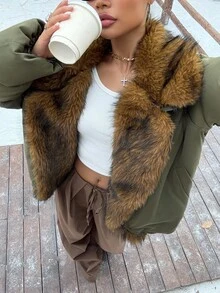 Muchica 绿色毛领女式休闲长袖棉服 - 軍綠色 - 查看 5