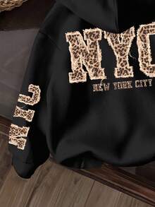 SHEIN EZwear 休闲简约纽约豹纹英文字母卫衣，适合秋冬季节穿着，猎豹纹上衣，豹纹上衣 - 彩色 - 查看 5