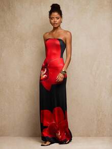 Travachic Elegant Floral Print Beaded Decor Tube Dress,Black And Red Strapless Summer Party Dress For Women,Luxury Prom Graduation Wedding Guest Outfits - Black - View 6