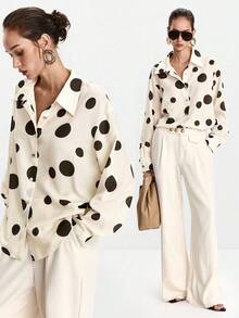 Lumivelle Women's Polka Dot Print Turndown Collar Button-Up Long Sleeve Shirt Fall Cloth For Women
