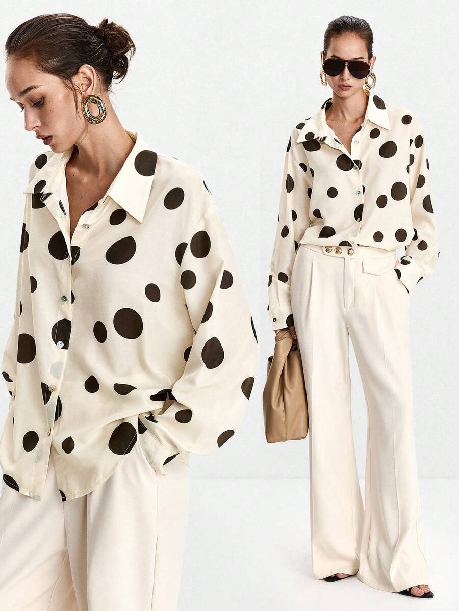 Lumivelle Women's Polka Dot Print Turndown Collar Button-Up Long Sleeve Shirt Fall Cloth For Women
