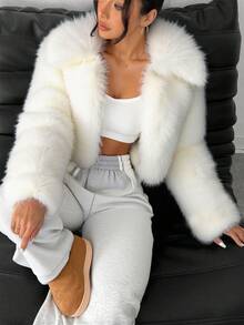 SHEIN PETITE 秋冬款纯色钩眼襟毛绒大衣 - 白色 - 查看 1