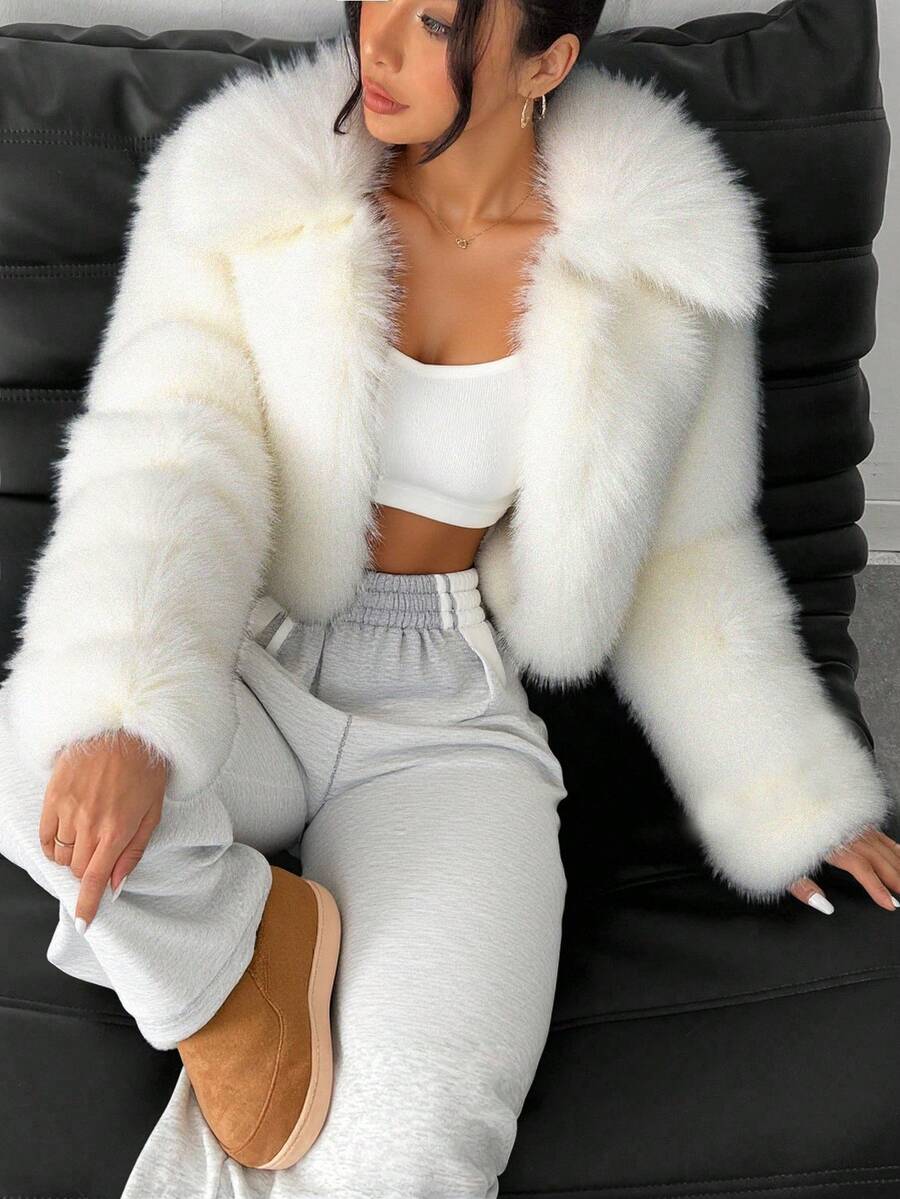 SHEIN PETITE 秋冬款纯色钩眼襟毛绒大衣 - 白色 - 查看 1