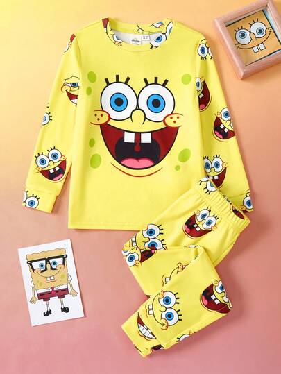 SpongeBob SquarePants | SHEIN 2 piezas Conjunto de pijama de ajuste ceñido con cuello redondo y manga larga con estampado de dibujos animados para niña joven, color amarillo