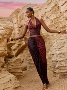 Zivah Summer Vacation Holiday Brown Stripe 2 Pieces Set,Seksi Chic Draped Neck Tie-Up Top & Ruched Long Slit Skirt,Tie-Dye Ombre Print 's Wear - Brown - View 7