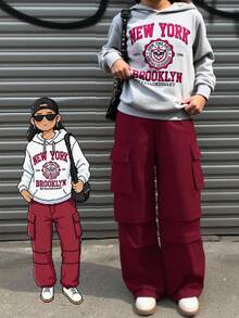 Tween Girls Casual Printed Hoodie & Cargo Pants Set - Burgundy - View 1