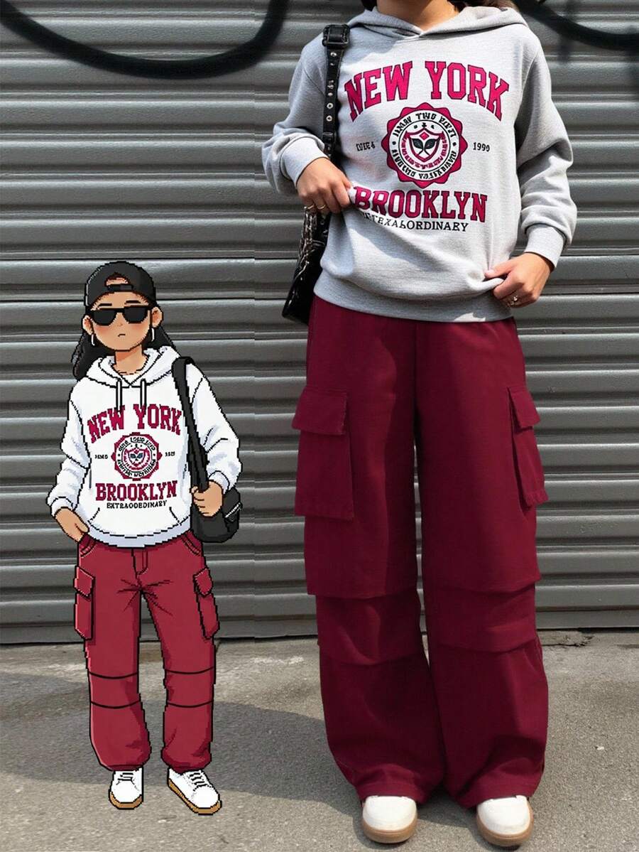 Tween Girls Casual Printed Hoodie & Cargo Pants Set - Burgundy - View 1