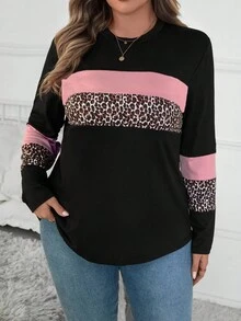 SHEIN LUNE 大码女式豹纹拼接圆领休闲长袖T恤，秋季猎豹印花女式上衣 - 粉色 - 查看 4