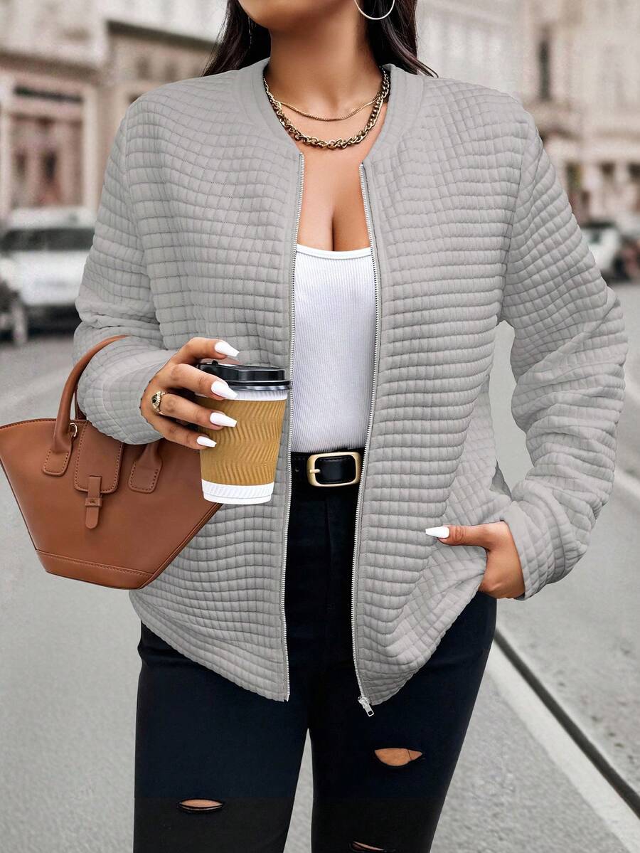 EMERY ROSE Women's Solid Color Casual Loose Zip-Up Long Sleeve Plus Size Jacket Winter Fall Autumn - Grey - View 1