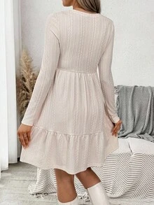 SHEIN Maternity Autumn Clothes White Solid Color Round Neck Long Sleeve Ruffle Hem Casual Dress Pregnancy Bump Friendly Photoshoot Beige Fall Clothes - Apricot - View 2