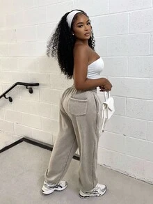 Alexandranx 水洗阔腿慢跑裤 春假机场休闲夏季可爱机场毕业、返校、毕业、女士教师、返校秋季、秋季、冬季 - 棕色 - 查看 5