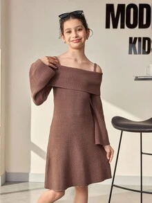 SHEIN Sweater Dress,Christmas,Halloween,Tween Girl Casual Chic Solid Color Cold Shoulder Flare Sleeve Flowy Hem Sweater Dress, Autumn/Winter Brown Dress Kids Tween Brown Dress Tween Girl Dresses Color Cocoa Teen Collar Dress Fall - Khaki - View 5