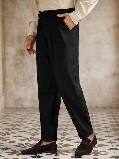 HIMLAND Men's Casual Solid Color Mid-Rise Tapered Suit Pants, Fall