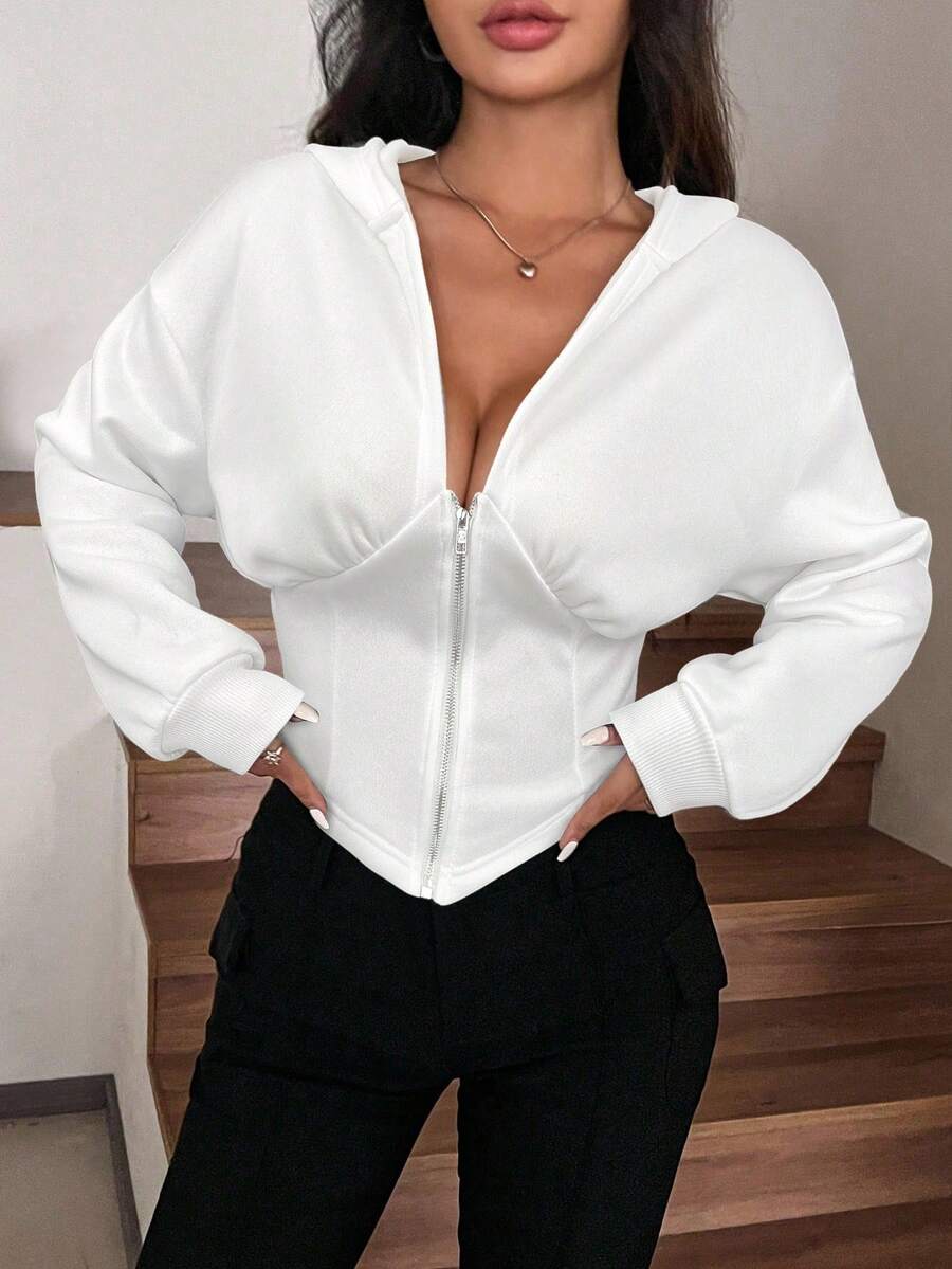 SHEIN EZwear Áo hoodie crop top hở vai màu trơn thời trang đường khâu xương cá có khóa kéo viền bất đối xứng cho nữ - trắng - Xem 1