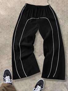 SHEIN 青少年男童休闲日常舒适拼布撞色抽绳宽松直筒梭织裤 - 黑色 - 查看 3