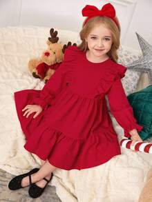 SHEIN Váy len tay bồng nhún bèo màu trơn cho bé gái - Đỏ - Xem 5