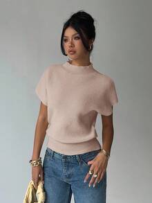 Aloruh 女式休闲纯色蝙蝠袖圆领针织上衣 - 卡其色 - 查看 6