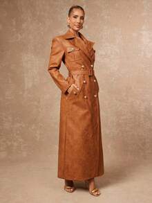 Lumalex Veste régulière pour femmes avec effet vieilli, épaules matelassées et taille cintrée. Manteau trench synthétique brun. Manteau trench synthétique pour femmes. Manteau trench brun. Robe manteau trench couleur rouille