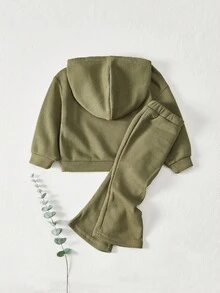Cozy Pixies 2pcs/Set Unisex Baby Girl Solid Dropped Shoulder Hooded Sweatshirt And Flare Leg Pants Outfit - Army Green - View 2