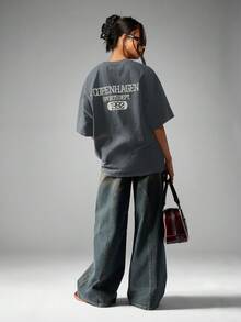 MISSGUIDED 复古哥本哈根运动部超大 T 恤 1992 年标志图案印花大学风格都市时尚休闲街头服饰学院风 T 恤 - 藏蓝色 - 查看 1