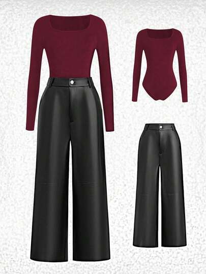 EMERY ROSE 2件套：罗纹长袖连体裤和PU皮革阔腿裤