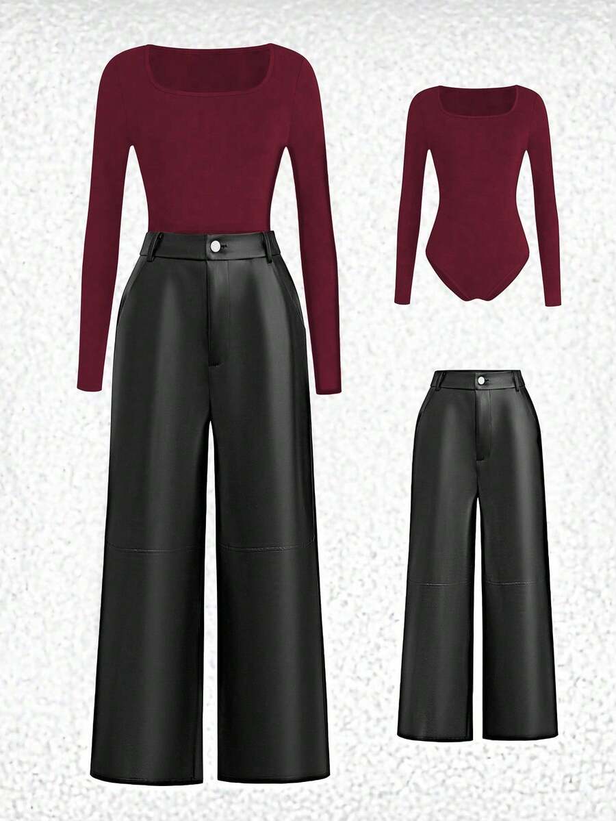EMERY ROSE 2pcs Set: Ribbed Long Sleeve Jumpsuit And PU Leather Wide Leg Pants - Multicolor - View 1