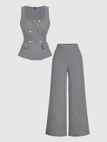 SHEIN MOD 女士优雅两件套：直筒裤和黑白背心 - 黑與白 - 查看 3