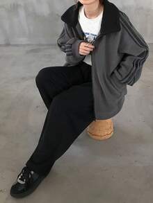 FRIFUL 女式常规领袖装饰丝带拼布灯芯绒撞色夹克 - 灰色 - 查看 4