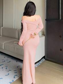 DAZY 秋冬束腰紧身鸡尾酒会礼服，性感露肩花卉装饰派对礼服，时尚婚礼、宴会、舞会晚礼服毛衣裙 - 粉色 - 查看 4