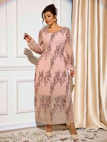 Cravure Plus Size Women's Round Neck Long Sleeve Pleated Sequin Pink Palace Style Elegant Party Maxi Dress, Autumn/Winter Fall Cloth For Women - Dusty Pink - View 5