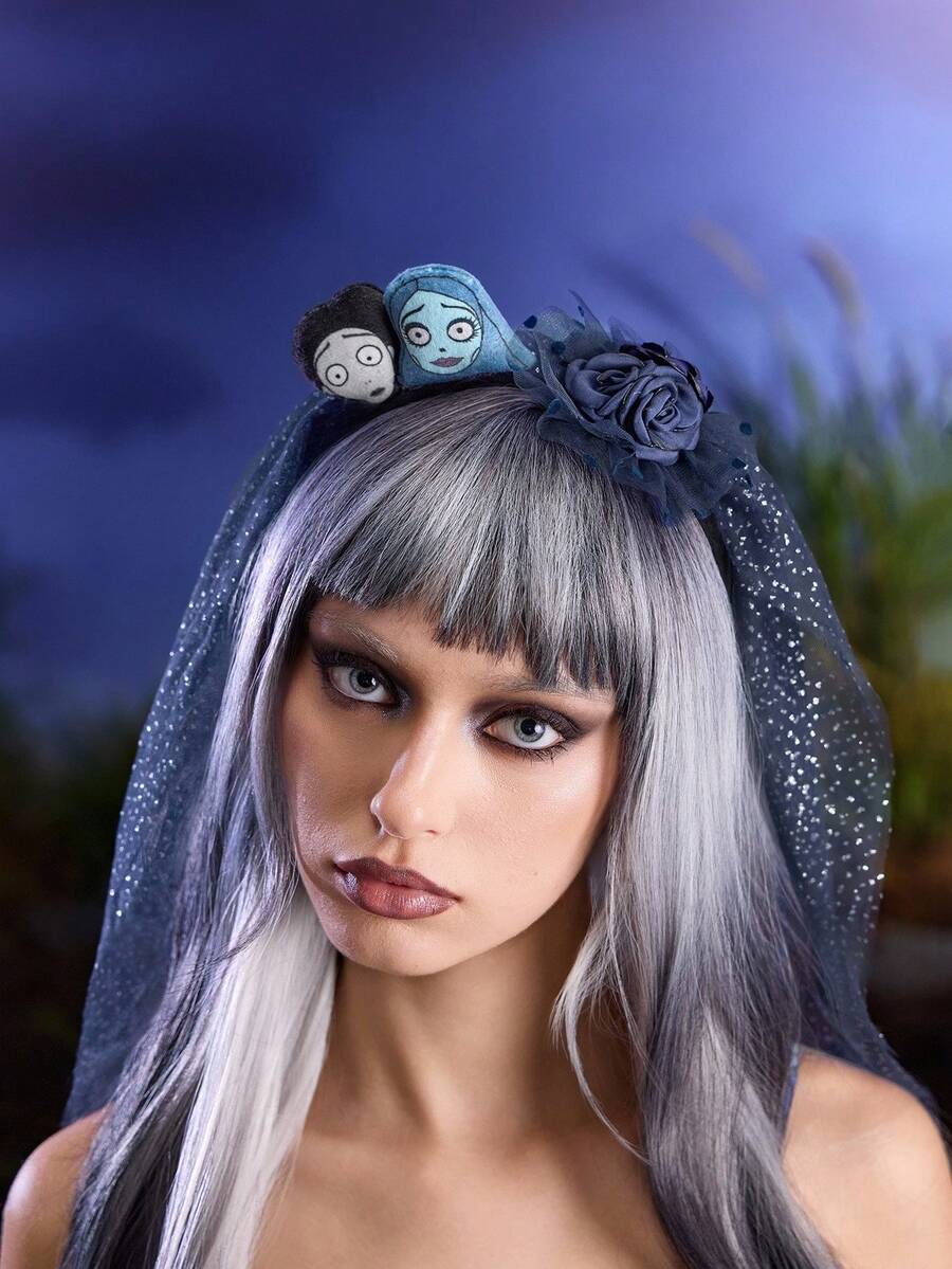 Corpse Bride X SHEIN 1pc Cartoon Figure Graphic 3D Pattern Fashion Headband (With Veil), Wedding, Cos,Goth - Grey - View 1