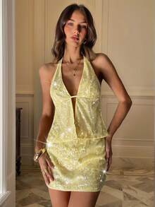 Aloruh Damen Set bestehend aus gelbem besticktem und perlenbesetztem rückenfrei Trägertop mit tiefem V-Ausschnitt und supertiefem Taillen Mini Bodycon Rock