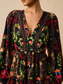 Travachic Đầm ngắn tay phồng cổ chữ V in họa tiết màu xanh navy cỡ lớn, thắt eo khoét lưng khoét nơ, phù hợp cho kỳ nghỉ, tiệc tùng, đi chơi - Màu xanh hải quân - Xem 4