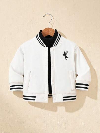 SHEIN Playful Pals 婴幼儿男童徽标刺绣条纹饰边斜口袋前扣长袖保暖内衬飞行员夹克，轻便夹克，纯色，适合秋冬季日常穿着、上学、运动、户外活动