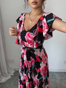 Elenzga Halloween V-Neck Digital Print Vacation Style Ruffle Waist A-Line Elegant Romantic Women Dress - Multicolor - View 6