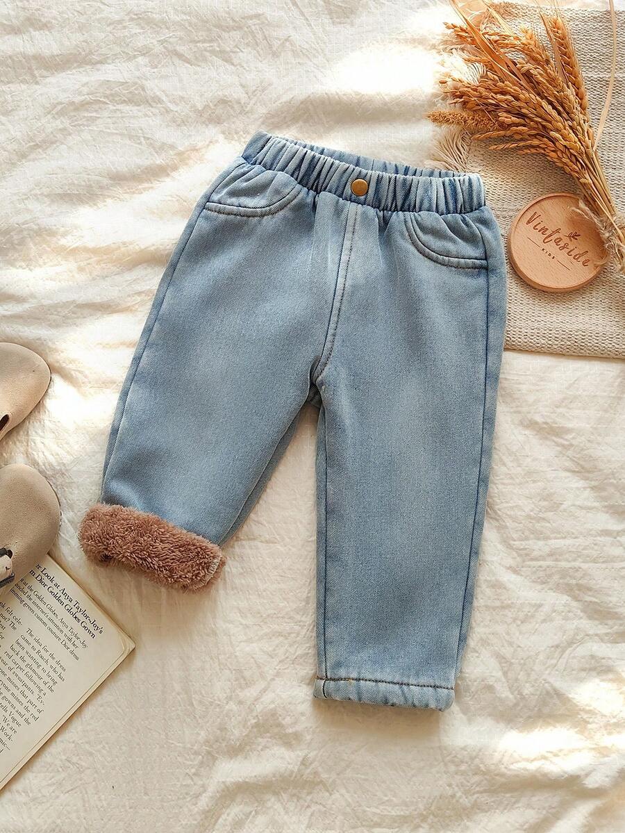 Vintaside Kids Baby Boy's Autumn/Winter Plush Lined Fashionable Versatile Simple Washed Denim Pants, Suitable For Casual Wear At Home, Leisure Outings Or Shopping Fall - Blue - View 1