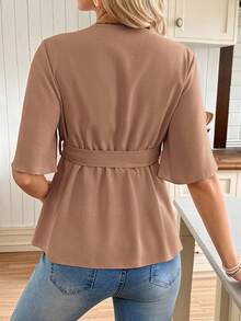 SHEIN Casual Solid Color V-Neck Ruffle Trim Maternity Shirt With Belt - Mocha Brown - View 2