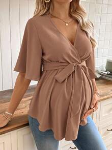SHEIN Casual Solid Color V-Neck Ruffle Trim Maternity Shirt With Belt - Mocha Brown - View 4