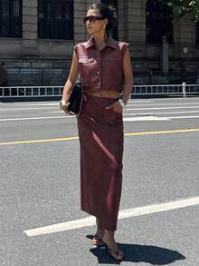 DAZY Bộ 2 món áo không tay và chân váy có túi bằng da PU dành cho nữ, Thu/Đông Y2K - Màu Đỏ Sâu - Xem 5